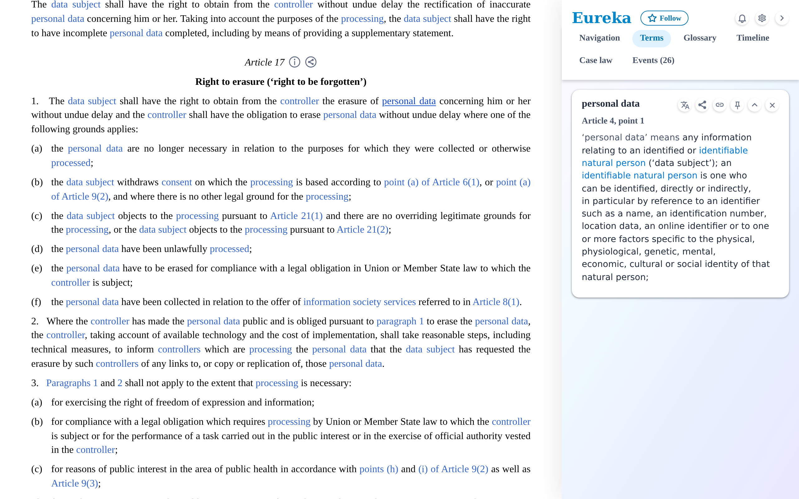 Article 17 of the GDPR on EUR-Lex with Eureka: defined terms and references in the text are links, and the Eureka sidebar is open on the right.